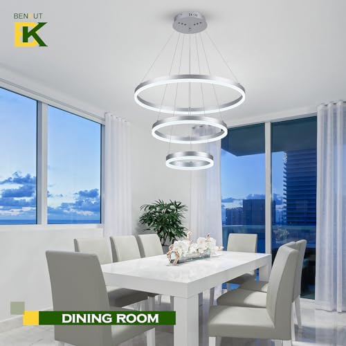 3 Rings Modern LED Chandelier Silver Dimmable Pendant Lighting with Remote Control Circular Flush Mount High Ceiling Light for Dining Room Living Room Entrance Foyer