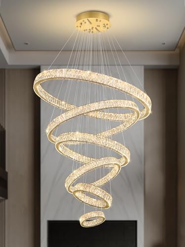 Extra Large Ring Chandelier Modern LED Gold 6 Ring Chandelier for High Ceiling Long Stair Crystal Chandeliers D8+15.7"+23.6"+31.5"+39.4"+47.5"