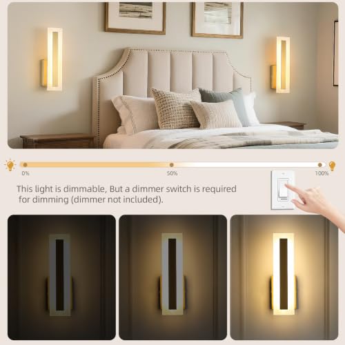 Hardwired Wall Sconces Set of 2 Dimmable Modern Gold LED Wall Light