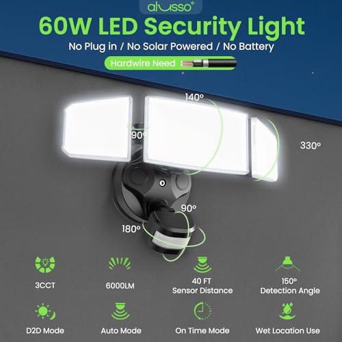 Metal Heads Motion Sensor Outdoor Lights 60W 6000LM 120V ETL Listed