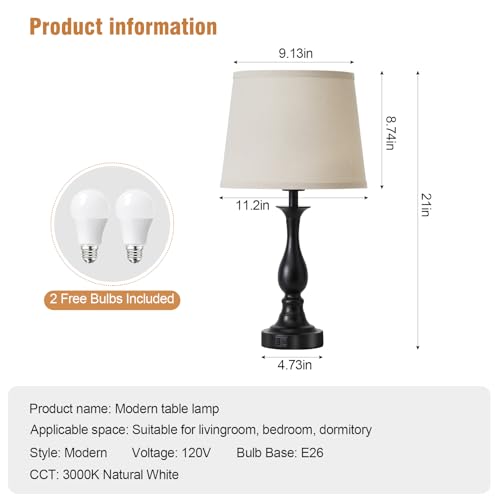 Bedside Table Lamp Touch Control Bedroom Lamps with USB A and C Charging Port 3 Way Dimmable Touch Lamps for Nightstand Living Room Bedroom Dorm Home Office Reading (2 Count)