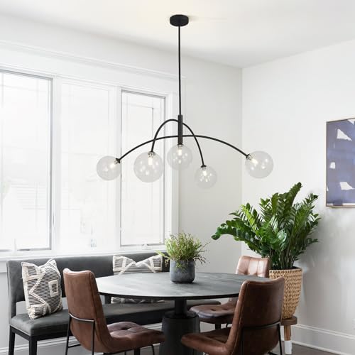 Mid Century Modern Sputnik Chandelier Adjustable 5 Light Pendant Light Fixture Clear Glass Black Ceiling Chandelier for Dining Room Kitchen Bedroom