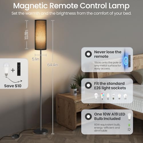 Dimmable Black Floor Lamp for Living Room with Remote and Foot Switch