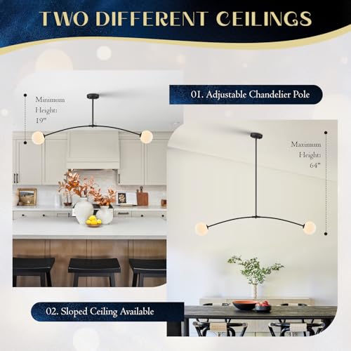 Black Sputnik Chandelier with Milk Glass Globe 2 Lights L45 Inch