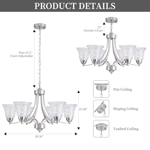 Modern Brushed Nickel Farmhouse Chandelier 6 Light Silver Chandeliers for Dining Room Adjustable Height Hanging Light Fixture with Clear Glass Shade