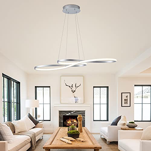 Modern LED Chandelier Dining Room Pendant Light Dimmable Creative Chandelier Remote Control Color/Brightness 3000-6000K Adjustable Hanging Lamp for Bedroom Living Room Kitchen 50W (Silver)