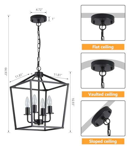 UL Listed Black Industrial 4 Light Lantern Chandelier Ceiling Light Fixtures Farmhouse Metal Cage Rustic Geometric Pendant Light for Kitchen Island Entryway Dining Room Stairs and Hallway