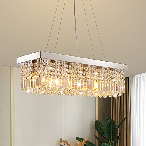 Rectangle K9 Crystal Chandelier Modern Rectangular Pendant Light Fixture for Dining Room Kitchen Island Chrome L31.5 x W10 x H10