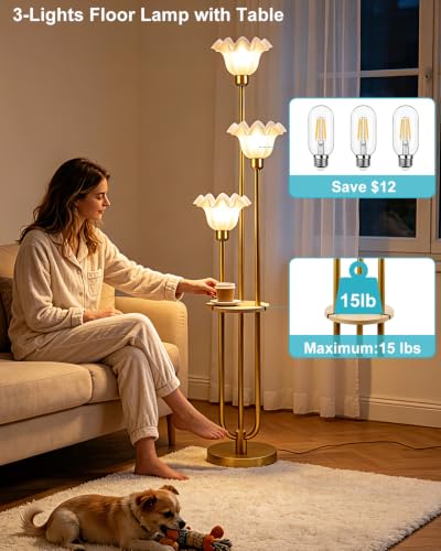 Flower Floor Lamp for Living Room Dimmable Vintage Floor Lamp with Shelf& Bulbs Included Mid Century Gold Floral Standing Tall Lamp for Bedroom (3 Count)