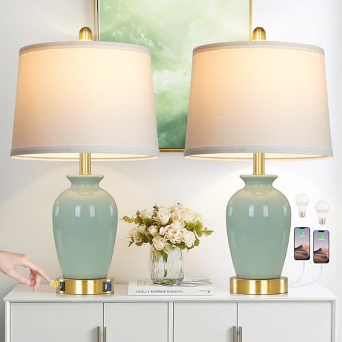23" Set of 2 Olive Green Ceramic Table Lamp with Pot Design (2 Count)