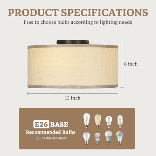 13 Inch Flush Mount Ceiling Light with Burlap Linen Drum Shade