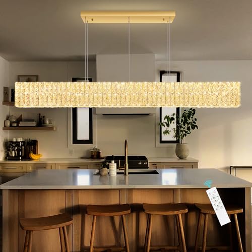 Rectangular Crystal Chandelier Dimmable LED Linear Chandeliers for Dining Room Remote Ceiling Pendants Light Fixture for Kitchen Island Gold