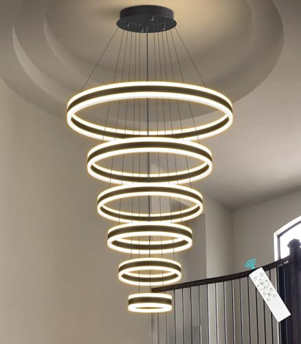 6 Rings Modern LED Chandeliers Large High Ceiling Chandelier for Foyer Black Dimmable Long Handing Lighting Fixture for Living Room Entryway Villa Staircase 3000K