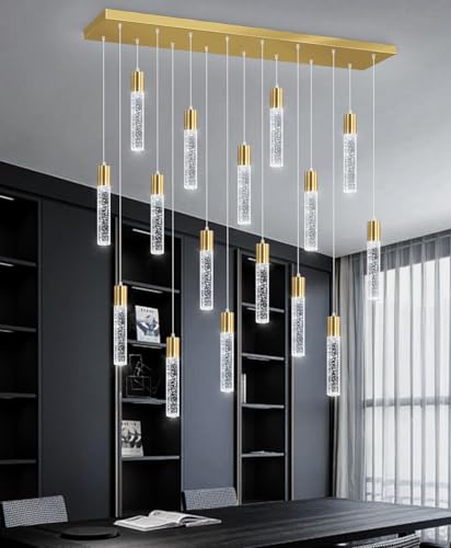 16 Lights Modern Crystal Rectangular Chandeliers LED Pendant Light for Kitchen Island High Ceiling Chandelier for Dining Room Entrance Foyer Living Room Gold