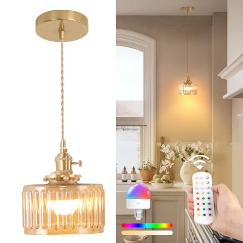 Battery Operated Pendant Light 5000mAh Rechargeable Chandelier with Remote Control Wireless Adjustable Hanging Amber Striped Light for Kitchen Island Dining Room Hallway