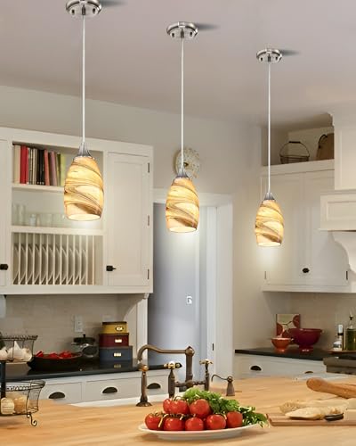 Mini Pendant Lights Kitchen Island Light Brown Glass Lamp Shade Hand Blown Glass Pendant Light with Brush Nickel Finish Adjustable Cord for Kitchen Over Sink