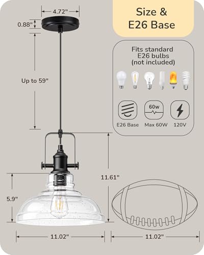 Pendant Light Kitchen Island Seeded Glass Shade Matte Black