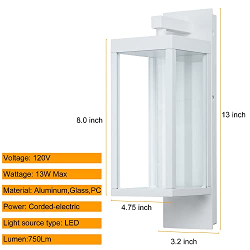 Outdoor Wall Light Lantern 2 Pack LED White Modern Exterior Light Fixture with Clear Glass 13W Anti