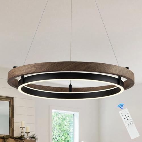 LED 2 Ring Chandelier Dimmable Up Down Light Black Walnut Wood