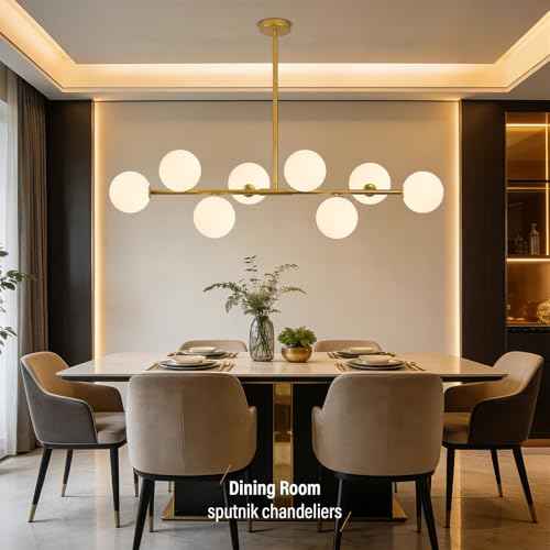 8-Light Gold Sputnik Chandeliers, Mid Century Modern Chandelier for Dining Room Light Fixture Over Table, Height Adjustable, Bubble Glass Globe Ceiling Linear Chandelier for Kitchen Island Foyer