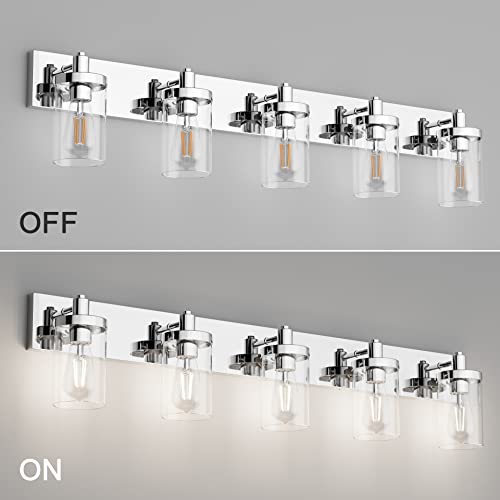 Chrome Bathroom Light Fixtures 5 Light Bathroom Vanity Light Stainless Steel with Clear Glass Shade