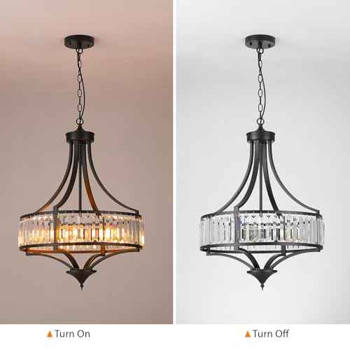 Modern Black Crystal Chandelier, 20 Inch Large Ceiling Pendant Light Fixture with 50'' Adjustable Hanging Chain, 5-Light Farmhouse Chandelier for Dining Room, Living Room, Bedroom, Entryway