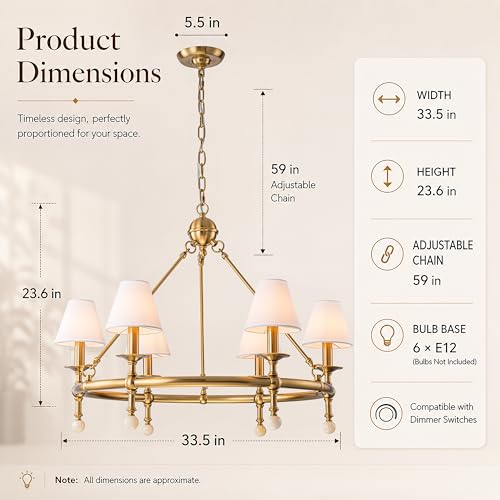 6 Light W34 Inch Warm Brass Statement Chandelier with White Pleated Fabric Shades and Alabaster Finials Large Round Designer Lighting for Dining Room Living Room