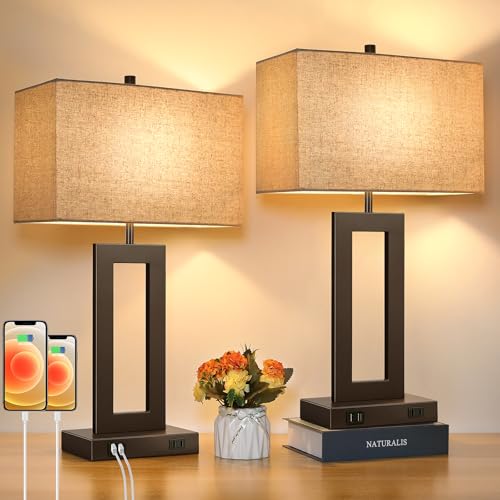 22" Brown Modern Table Lamp Set of 2 with 2 USB Ports&AC Outlet (2 Count)