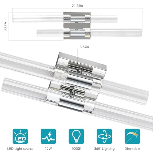 Crystal Wall Sconces Set of Two Chrome Wall Sconce Hardwired LED Bathroom Vanity Light Fixtures 21.25in 4000K Vertical and Horizontal Wall Mounted Sconces for Bedroom (2 Count)