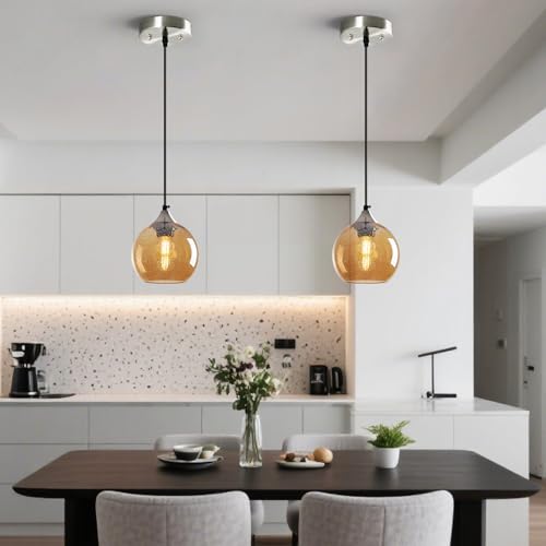 Amber Glass Pendant Lights Kitchen Island Globe Pendant Light Fixtures Modern Pendant Lighting for Bedroom Living Dining Room Light Fixture (3 Count)