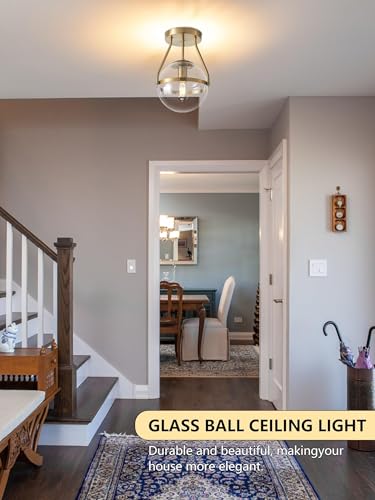 8 Inch Mid Century Ceiling Light Modern Gold Semi Flush Mount Ceiling Light with Clear Glass Shade Globe Semi Flush Mount Ceiling Light Fixture for Bedroom Hallway Bathroom Foyer