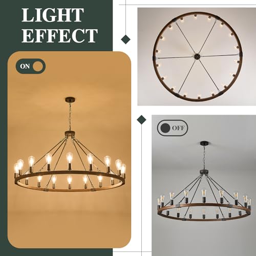 Farmhouse Wagon Wheel Chandelier 47" Oak Wood Chandelier Light Fixture 18