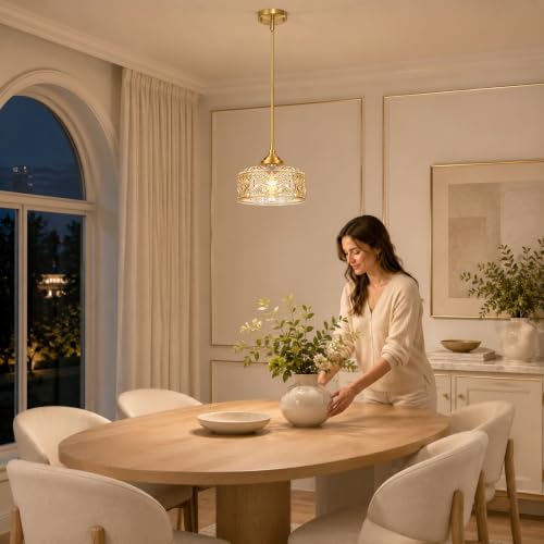 Brushed Gold Vintage Pendant Light Amber Glass Island Lights for Kitchen