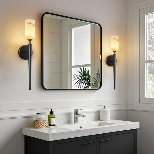 Natural Alabaster Wall Sconce Modern Black Wall Sconces Set of Two Bathroom Sconce Wall Decor Antique Marble Sconces Wall Lighting for Bedroom Living Room Entryway Hallway Staircase (2 Count)