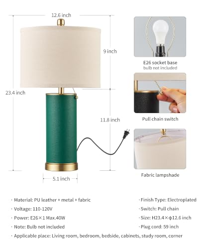 23.4" Green PU Leather Table Lamps for Living Room Set of 2 (2 Count)