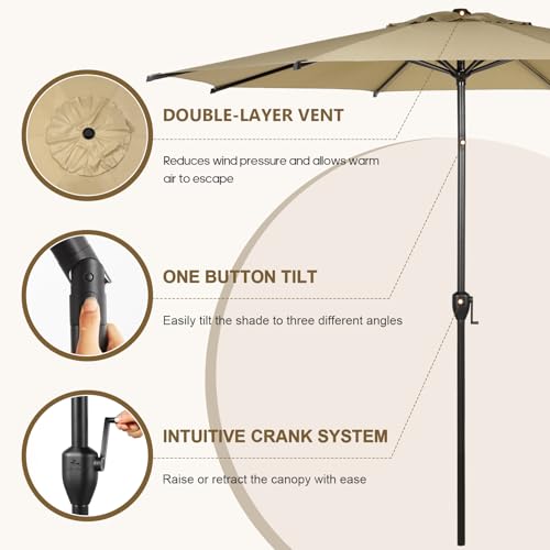 9FT Lyon Outdoor Patio Umbrella Outdoor Table Umbrella with Push Button Tilt and Crank Market Umbrella 8 Sturdy Ribs UV Protection Waterproof for Garden Deck Backyard Pool Tan