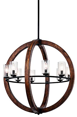 Grand Bank 30" 8 Light Chandelier with Clear Seeded Glass in Auburn Stained Wood and Distressed Black Metal