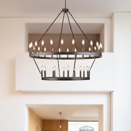 Rustic Farmhouse Wagon Wheel Chandelier Large Chandeliers for High Ceilings Oil Rubbed Bronze 2 Tier 36 Lights 48 Inch for Dining Room Living Room Foyer Porch Kitchen Island