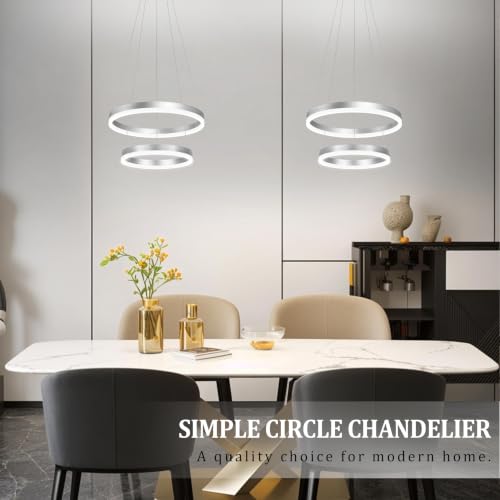 Modern Nickel Led Chandelier 2 Rings Dimmable LED Chandeliers with Remote Control Light Fixture for Kitchen Island Height Adjustable Chandelier Led Pendant Light for Living Room Dining Room