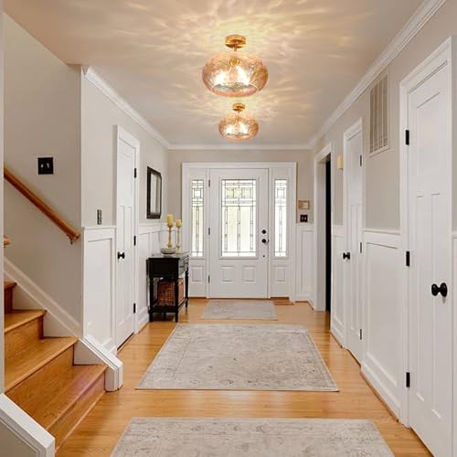 Brass Gold Semi Flush Mount Ceiling Fixture Large Hammered Glass Shade Modern Close to Ceiling Light 14" Art Lampshade for Hallway Foyer Bedroom