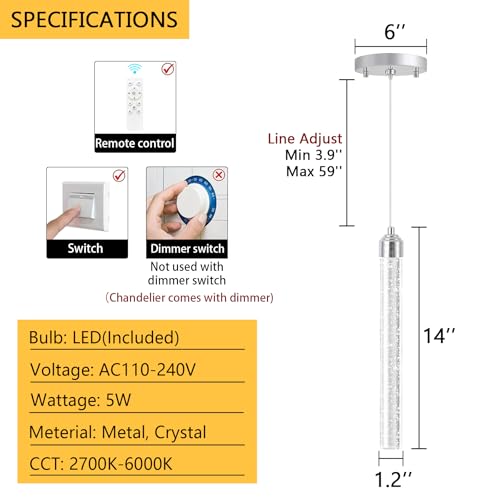 1 Light Modern Crystal Pendant Lighting LED Dimmable Pendant Light Kitchen Island Dining Room