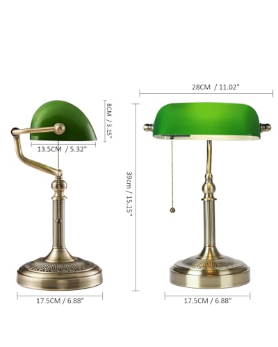 Green Glass Bankers Desk Lamp with Pull Chain Switch Plug in