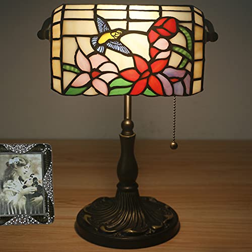 Bird Lamp Tiffany Style Bankers Lamp Table Lamp Stained Glass Bird Flower Lamp Shade Piano Desk Lamp Vintage Bedroom Bedside Lamp for Livingroom Office Study