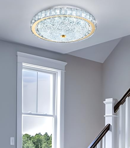 15.7" Modern Crystal Chandelier Dimmable LED Flush Mount Ceiling Light with Remote Control for Living Room Dining Room Bedroom Hallway Foyer Gold