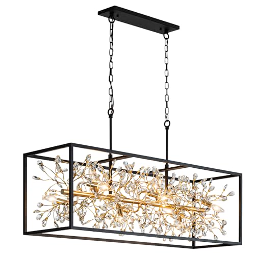 Large Black and Gold Rectangle Crystal Chandelier for Dining Room