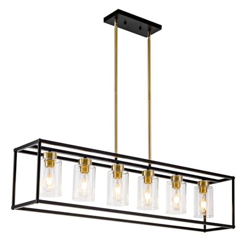 6 Lights Modern Dining Room Light Fixtures Over Table Black & Brushed Brass Gold Farmhouse Chandelier Rectangular Pendent Lighting for Kitchen with Glass Shade Long Linear Industry Hanging Light