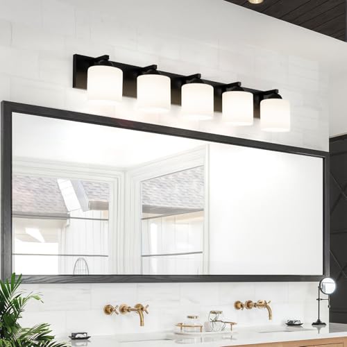 5 Light Black Bathroom Vanity Light with White Glass Shades