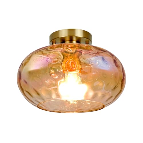 Brass Gold Semi Flush Mount Ceiling Fixture 11" Hammered Glass Shade Modern Close to Ceiling Lighting 1