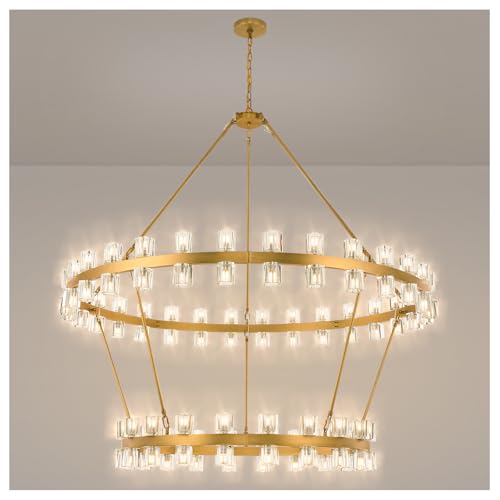 60 Inch Gold Wagon Wheel Chandelier with Crystal Shade