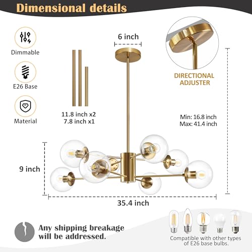 8 Light Globe Sputnik Chandelier Modern Gold Sputnik Chandelier Mid Century Globe Pendant Light Brushed Brass Finished with Clear Glass Lampshade Chandeliers for Kitchen Bedroom (8 Count)